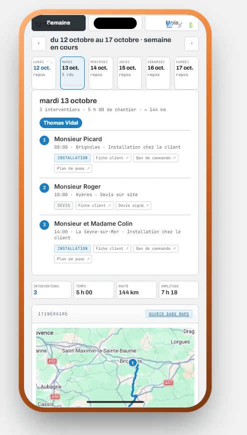 Côté intervenant : la tournée du mardi, trois interventions avec fiche client, bon de commande et plan de pose.